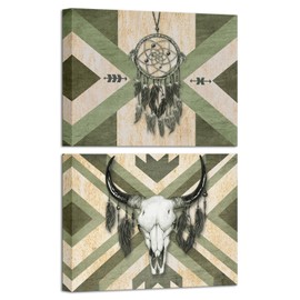 RnnJoile Aztec Paintings Canvas Wall Art Dream Catcher and Bull Skull Pictures Western Theme Prints for Cowboys Wall Decor Framed Ready to Hang (Sage, Small)