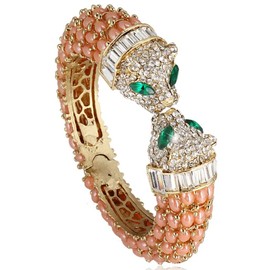 EVER FAITH Austrian Crystal Adorable Kissing Leopard Animal Bangle Bracelet Pink Gold-Tone