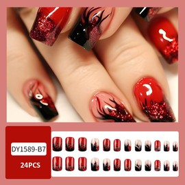 Red Press On Nails Medium Square Fall Fake Nails with Flame Designs Glossy Nails Press Ons Glitter Nail Tips Full Cover Acrylic Artificial Glue On Nails Stick On Nails for Women DIY Manicure 24PCS
