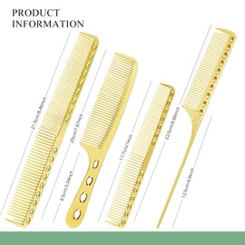 4 Types Metal Comb Set Professional Aluminum Dressing Comb Hair Comb Set for Barber Hair Styling, Included Fine Cutting Comb, Rat Tail Comb, Detangling Comb, Handle Comb - Gold