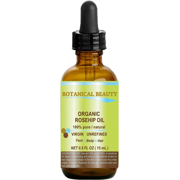 Botanical Beauty ORGANIC ROSEHIP OIL 100% Pure. For Face, Hair and Body. 0.5 Fl.oz.- 15 ml.
