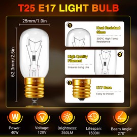 40W Microwave Light Bulbs, T25 120V High Temp Resistance Oven Light Bulbs, Dimmable E17 Base 40 Watt Appliance Replacement Bulbs for Oven, Refrigerator, Over Stove Microwave, Warm White 2700K, 2 Pack