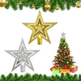 Christmas Tree Top Star, Pack of 2 Christmas Tree Toppers Star, 18 cm Plastic Christmas Tree Star, Plastic Stars Tree Topper, Glitter Christmas Tree Star, Gold/Silver Christmas Tree Star