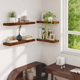 Fun Memories Floating Shelves, 9.3'' Deep Solid Pine Wood Wall Shelves for Storage, Wall Mounted Display Shelf with Invisible Heavy-Duty Metal Bracket, 24'' Width Set of 2, Walnut