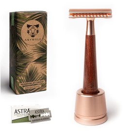 ANYMALE® Safety Razor with Sandalwood Handle - Set with Stand and 5 ASTRA Blades - Zero Waste Razor for Women