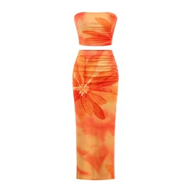 SHENHE Girl's Floral 2 Piece Summer Outfits Strapless Crop Tube Top and Slit Maxi Skirt Set Orange 14Y