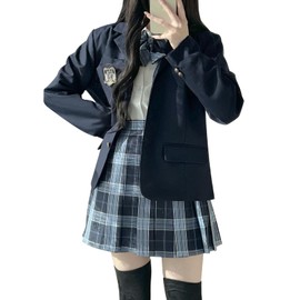 QOOLY High School Girls’ Uniform, Ribbon, Blazer, Skirt, Checkered Set, 5-Piece Set, Dark Blue, 2XL