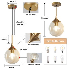 KCO Lighting Mid Century Modern Kitchen Island Pendant Lighting Gold 1-Light Amber Glass Globe Pendant Light Brushed Brass Large Living Room Pendant Light Fixture (2-Pack)
