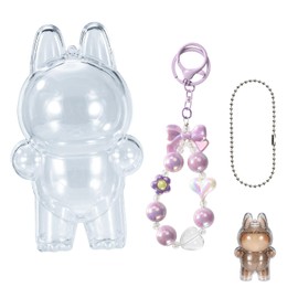 Plush Doll Display Case Keychain, Plastic Transparent Protector Box Cover Doll Clear Protective Bag Accessories with Purple Beaded Lanyard and Key Chain for Carrying 17cm Standing Figure On-The-Go