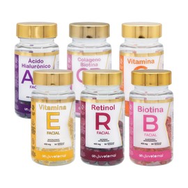 Juveternal Kit 6 Frascos Cpsulas Faciales cido Hialurnico  Colgeno Biotina  Vitamina C  Vitamina E  Biotina  Retinol, 90 cpsulas cu, Efecto Litting...