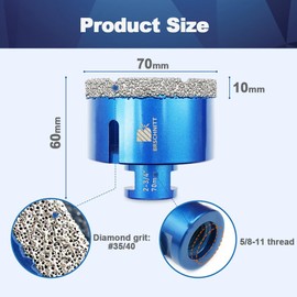 2-3/4 Inch Diamond Core Drill Bit for Porcelain Tile Ceramic Marble Granite Drilling,BRSCHNITT 1pc Vacuum Brazed Diamond Hole Saw with 5/8-11 Thread (70mm)