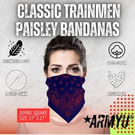 ARMYU Classic Trainmen Paisley Bandanas, Military Army Head Scarf Do-rag Cotton Bandanna (Black & Red - 22")