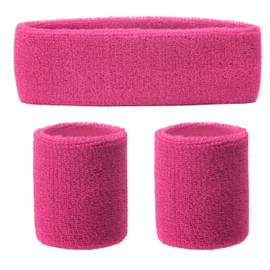 Solid Pink Color Sweat Band Headbands and Wrist Bands Set, Sweatbands for Men Women, Moisture Wicking Head Band, Football Wristbands,Sports Headband for Running Workout