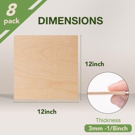 Rowood 8 Pack Birch Plywood 1/8,12x12x1/8inch,3mm Thick Unfinished Wood for Laser Cutting and Engraving,DIY Ornaments,Wood Burning,Models Drawing