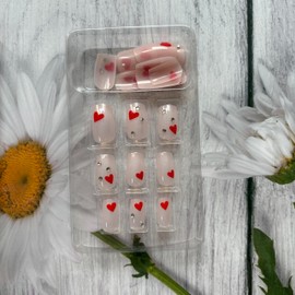 Valentine's Day Press on Nails Medium Square Fake Nails Nude False Nails with Red Heart Rhinestone Designs Nude Glue on Nails Heart Stick on Nails Cute Acrylic Nails Full Cover Glossy Artificial Nails