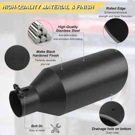 Vurkcy 3 inch Inlet Exhaust Tip, 6" Outlet 15" Overall Length Stainless Steel Exhaust Tail Pipe, Bolt-On, Rolled Edge, Slant Sleek Angle Cut, Polished Tailpipe, Black