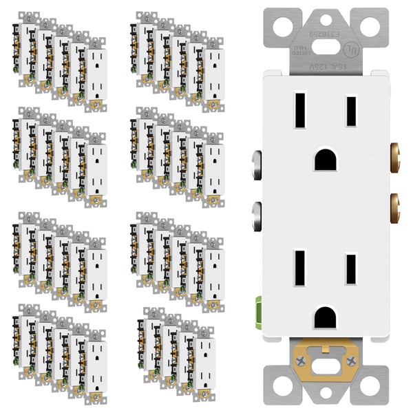 ENERLITES Decorator Wall Receptacle Outlet, Residential Grade, 15A 125V, Self-Grounding, 2-Pole, 3-Wire, 5-15R, UL Listed, 61501-W-40PCS, White,40 Pack