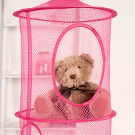 OHS Teddy Storage for Kids Pink, Hanging Toy Storage Clothes Books Socks Towels 4 Layer Kids Bedroom Mesh Net Ceiling Hanging Basket Storage, Extra Large