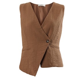 Amazhiyu Women's Suit Vest, Linen Vest, Short Sleeveless Vest, V-Neck Linen Women's Vest, Vintage Summer Vest, Button Placket, Regular Fit, brown, S