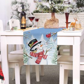 Bonhause Christmas Winter Snowman Table Runner 13x90 Inch Snowy Pine Trees Blue Winter Holiday Kitchen Dining Table Decoration for Indoor Outdoor Home Party Decor