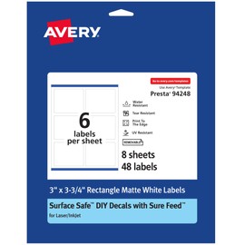 Avery Durable Removable Rectangle Labels with Sure Feed Technology, 3" x 3.75", Matte White Film, Water-Resistant, Print-to-The-Edge, Laser/Pigment-Based Inkjet Printable, 48 Removable Labels Total