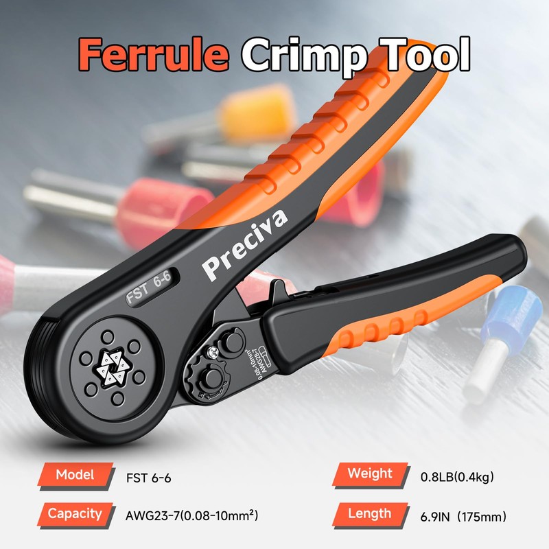 Preciva 0.08-10mm² Crimping Plier, AWG28-7 Self Adjustable Hexagonal Ferrule Crimping