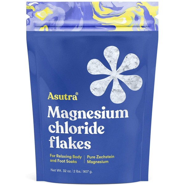 ASUTRA Magnesium Chloride Bath Flakes, 2 lbs | For Foot & Body Soaks| Relieve Muscle Cramps | Fight Joint Pain | Stress, Anxiety, Headache Relief | Pure Zechstein | Absorbs Faster Than Epsom Salts