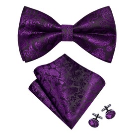 GUSLESON Mens Paisley Bow Tie Pocket Square Set for Wedding Pre-Tied Silk Purple Bowties Handkerchief Cufflinks for Party (0497-30)