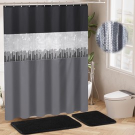 XLHOMO Shower Curtain Set Black Bathroom Sets with Shower Curtain and Rugs Glitter Waterproof Shower Curtain with Non-Slip Bathroom Rugs for Hotel Shower Bathroom Decor