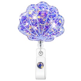 Sparkling Seashell Badge Reel, Summer Beach Shell Shaped Badge, with Retractable Cord and Swivel Alligator Clip, for Nurses Teachers Doctors Medical Assistants (Iridescent Purple)