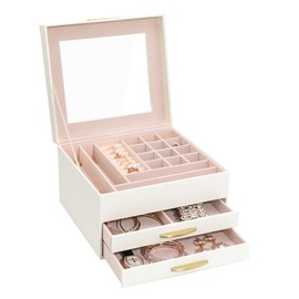 V-LAFUY Jewelry Organizer Box With Glass Lid, White Jewelry Case 3-Layer With 2 Drawers