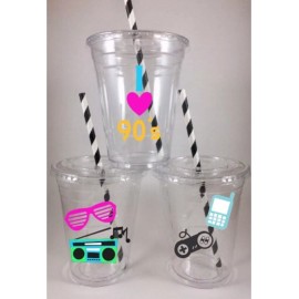 Party 90’s Party Cups Birthday Set/12 With Lids Straws Nineties Icons I heart 90