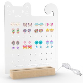 ATYOUK Cat-Shaped Earring Holder Organizer for Girls,Light Up Acrylic Earrings Stand, 56 Holes Transparent Pegboard Stud Earring Tree for Girls Women Jewelry Display Storage Gifts