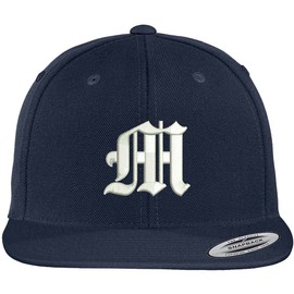 Trendy Apparel Shop Old English M Embroidered Flat Bill Snapback Cap - Navy