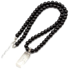 ElisaJewelryArt - Unique Natural Raw Clear Quartz Pendant Necklace Black Onyx Beads Necklace Genuine Gemstone Meditation Stone Clasp Closure Necklace Unisex Necklace (22, Clear Quartz)