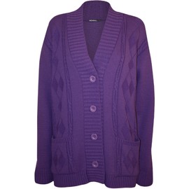 WearAll Plus Size Womens Button Long Sleeve Pocket Top Ladies Knitted Cardigan - Purple - 14-16