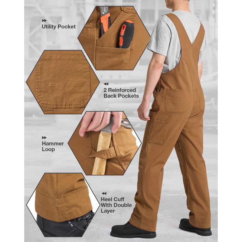 HISEA Mens Flex Canvas Bib Overalls, Men's Relaxed Fit Lightweight