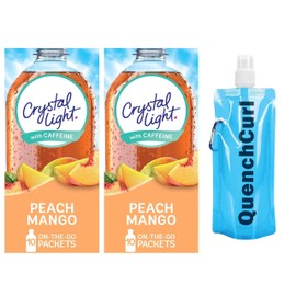 Crystal-Light On The Go Drink Mix - Two (2) Pack of 10pck/0.13oz Pouches - Sugar-Free, Low-Calorie Refreshment Anytime, Anywhere and QuenchCurl Collapsible Bottle by CureCor! (Peach Mango)