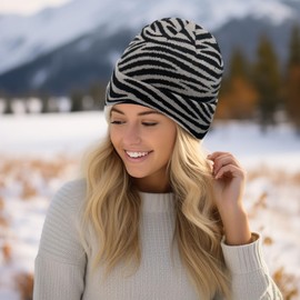 IHAUIUE Animal Print Beanie Hat Knitted Cuffed Skull Cap Double Layer Watch Hats for Women, Men, Gray Zebra
