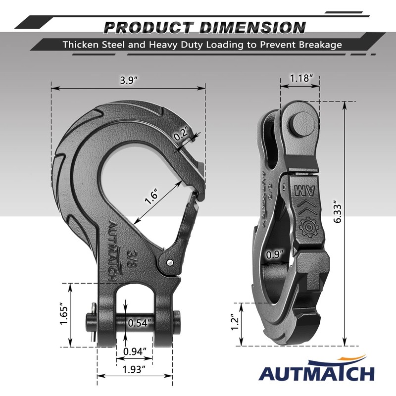 AUTMATCH Winch Hook 3/8" - Clevis Slip Hook with Safety