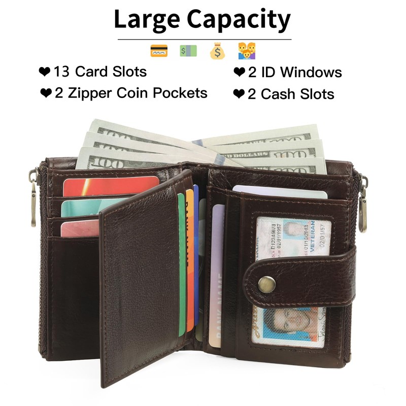 GOIACII Men's Leather Wallet RFID Protection Multifunctional Buckle Zippers Wallet