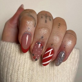 LPOODDNU Christmas Red Press on Nails Medium Almond Fake Nails with French Red Candy Stripes Designs Silver Glitter Glossy Artificial Nails Full Cover Stick on Nails Christmas Glue on Nails for Women