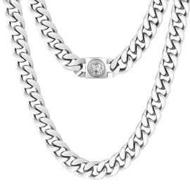 KRKC&CO Cuban Link Chain Flat Curb Chains, Men's Stainless Steel Necklace 12mm, Anti-Tarnish Anti-Allergies, Miami Chains Hip Hop Jewelry for Men(12mm-Lion-silver, 22)
