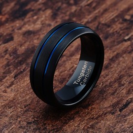 Engravable Black Dome Band Blue Double Groove Men's Tungsten Wedding Rings Size 6-16 (tungsten, 15.5)