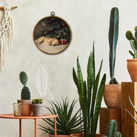 Mcehtle Vintage Golden Retriever Christmas Wall Art Decor, Christmas Tree Farm Framed Canvas Prints 10x10, Cozy Xmas Dog Round Wall Hanging Artwork Decorations for Home Bedroom Room