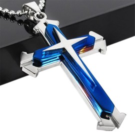 Brave Tour Men Titanium Steel Cross Necklace (Blue)