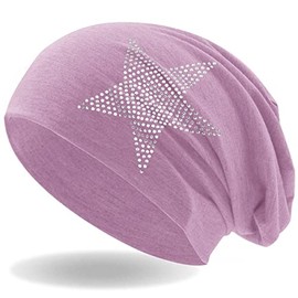 Hatstar Rhinestone Star Women's Beanie Hat, Elastic Slouch Long Beanie Girls Hat with Elegant Rhinestone Appliqué, Light and Soft - Dusky Pink