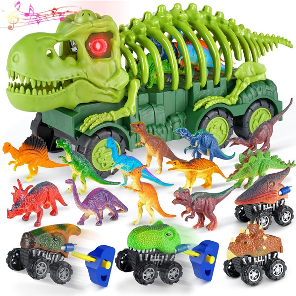 Aoskie Dinosaur Truck Toy for Kids 3-7 Years Old, Dinosaur Skeleton Toys with Sounds and Lights, 12 Dinosaurs, 4 Mini Dino Cars, Tyrannosaurus Rex Transport Gifts for Boys Girls