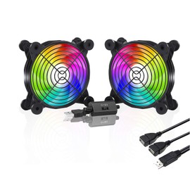 upHere U1207-2 USB Fan, 4.7 inches (120 mm), USB Cooling Fan, Small, Mini Blower, Rainbow Color, Silent, 3 Levels of Air Flow Adjustment, 2 Pieces