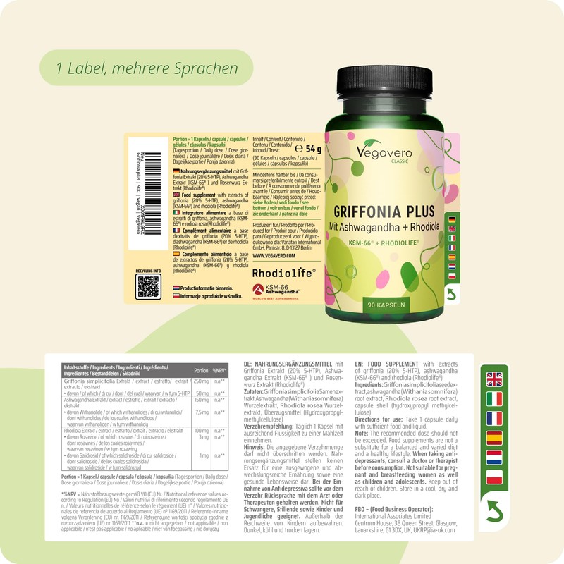 Vegavero 5-HTP Capsules Made from Griffonia with Ashwagandha KSM-66 and